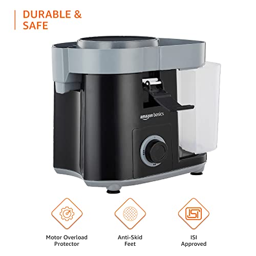 Image of amazon basics 450 W CENTRIFUGAL JUICER WITH PUSHER | REMOVABLE PULP CONTAINER | SS MESH FILTER & 3 SPEED SETTINGS I FOR JUICING FRUITS | VEGITABLES & MORE | ISI-MARKED | BLACK 450 Watts