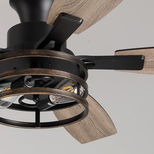 Image of 52 Inch Flush Mount Ceiling Fans with Lights and Remote Control, Low Profile Farmhouse Ceiling Fan for Bedroom Living Room and Patio, Black Caged Ceiling Fan for Indoor and Outdoor(No Bulb)