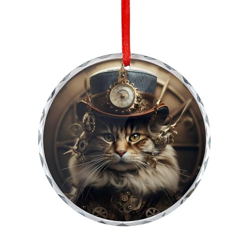 Image of Steam Punk Grunge Cat Christmas Tree Ornaments Glass Round Pendant Hanging Crystal Clear Xmas Decorations
