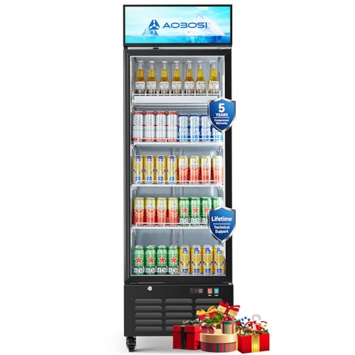 Image of AAOBOSI Commercial Merchandiser Refrigerator,17.1 Cu.Ft Glass Door Display Refrigerator,Upright Beverage Cooler Fridge with Soft LED Light, Customizable Lightbox,Universal Casters,Adjustable Shelves