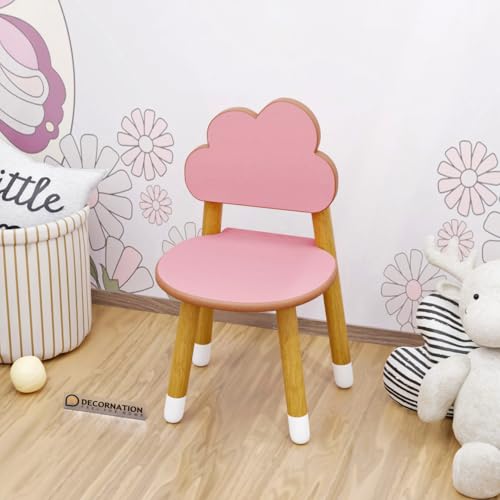 Image of DecorNation Kids Table & Chair Set - Cloud & Bunny Design, Solid Wood Legs, Pink Play Table with 4 Chairs - Study, Play & Activity Furniture for Toddlers & Children