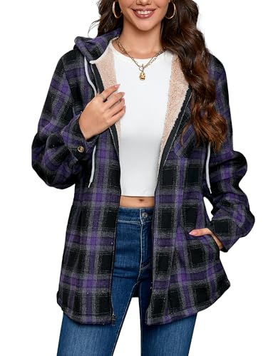Elesuit Women's Full Zip Fleece Flannel Jacket Plaid Hooded Jackets Sherpa Lind Hoodies for Women3