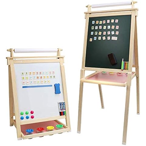 Dripex Kinder Kunst Staffelei mit Papierrolle doppelseitige Tafel und Magnetic Board für Kinder Malen Upgrade Whiteboard Kreidetafel(Holzfarbe) Cover