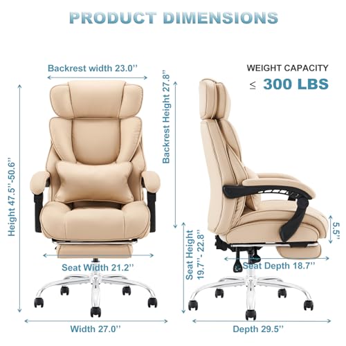COLAMY Office Chair with Footrest, Ergonomic High Back Design Executive Computer Desk Chair with Removable Lumbar Pillow, 90-135°Reclining, Thick Bonded Leather for Home Office Work Comfort, Khaki