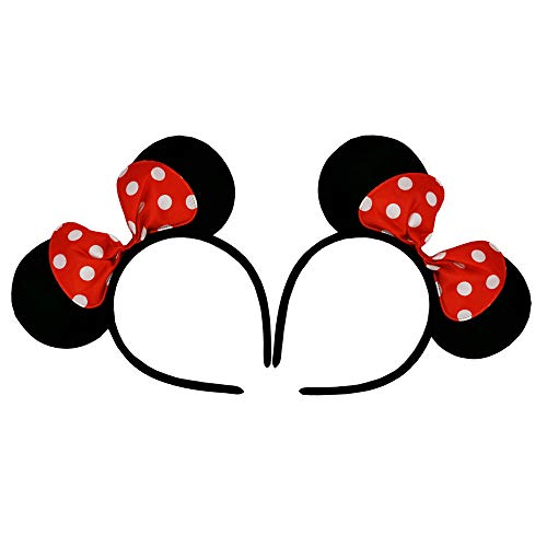 CHuangQi Mouse Ears Headband(Set of 2), Solid Black Ear and Red Bow with Polka Dots for Boy & Girl Birthday Party, Party Favors