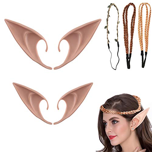 ETSAMOR Oreilles elfiques Oreilles Pointues 2 Paires d'oreilles en Latex avec 2 Serre-tête et 1ère Guirlande pour Adultes Accessoires pour Enfants Halloween Cosplay