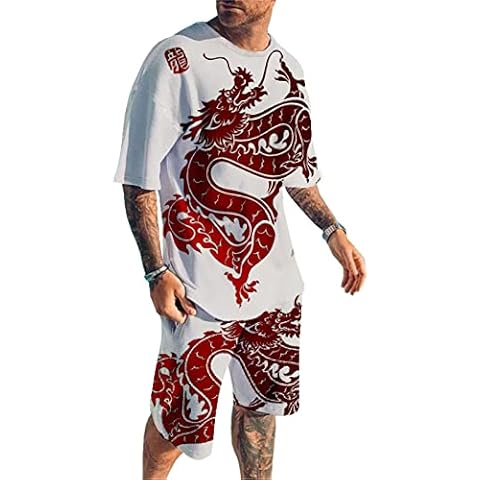 Men's Dragon Print Short Sleeve T Shirts and Shorts 2 Piece Set Fashion Summer Pajamas Outfits Cover