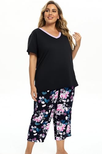 Image of Vozanet Women's Pajamas Set Soft V Neck Sleepwear Top and Capri Pj Lounge Sets Cartoon Heart Shape Cat Nighty Plus Size