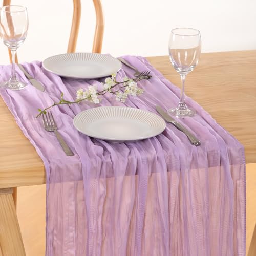Image of MLMC 8 Pack Lilac Purple Table Runner 10ft Rustic Lavender Cheesecloth Table Runner 35x120 Inches Gauze Cheese Cloth Decor for Bridal Shower Baby Shower Birthday Wedding Decor