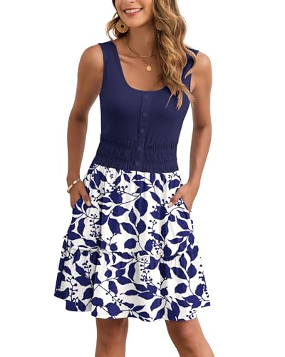 Image of AUSELILY Women Summer Dress Sleeveless Tank Button Down Dresses | Tank button down dress, Empire waist smocked, Casual beach vacation summer dresses with pockets