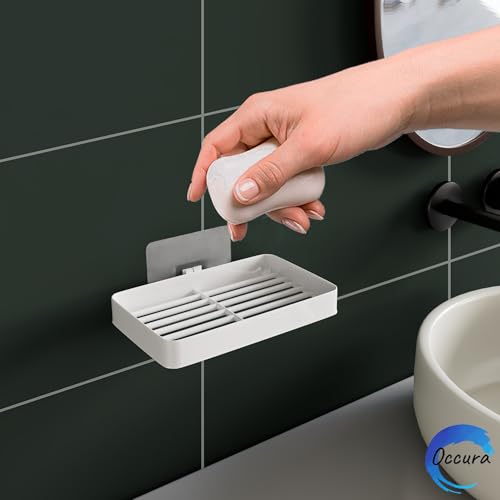 Image of Stickable Soap Holder Pack of 4 | Wall Mounted Dish | Self adhesive bathroom organizer without drill. Plastic soap stand set for family multipack home storage. Sink or kitchen.