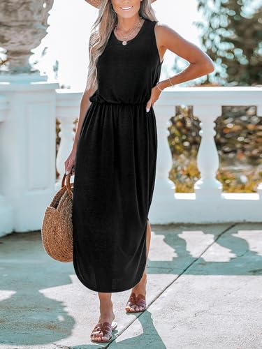 Image of CUPSHE Women Knit Summer Dress Cover Up Crew Neck Elastic Waist Side Slit Midi Casual Sundress Beach Cover Up Dresses