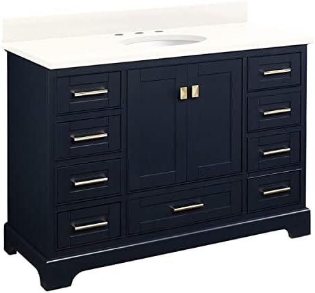 Signature Hardware 483436 Quen 48" Free Standing Single Basin Vanity Set with Cabinet, Vanity Top, and Undermount Sink - 3 Faucet Holes - Midnight Navy Blue/Arctic White Quartz