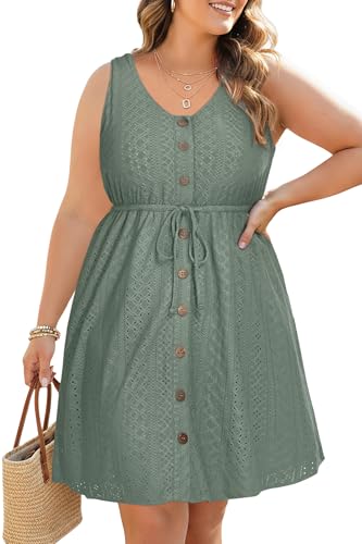 Image of Talisea Plus Size Summer Dresses - Casual Beach Eyelet Sleeveless Tank V Neck Button Down Swing Short Sundress Pockets Women
