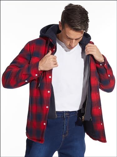 TACVASEN Men's Flannel Shirt Jacket Removable Hooded Quilted Lined Plaid Button Down Shirts Zipper Jacket2