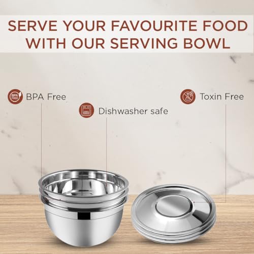 Image of Kraft Stainless Steel Serving Bowl with Lid Set of 3 pcs - 18cm | Mixing Steel Big Bowl | Salad, Rice, Desert, Bowl Set | Matt Finish, Food Grade | 2 Year Warranty - Silver