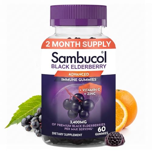 Sambucol Elderberry Gummies - Immune Support Supplement for Adults with Vitamin C & Zinc Sambucus Elderberry with High Antioxidants Gluten Free Vegan - 60 Count
