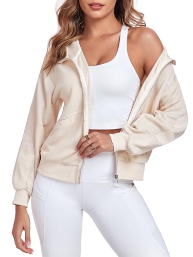 Women's Cropped Waffle Jacket Oversized Zip Up Long Sleeve Batwing Y2K Hood jacket with Pocket2