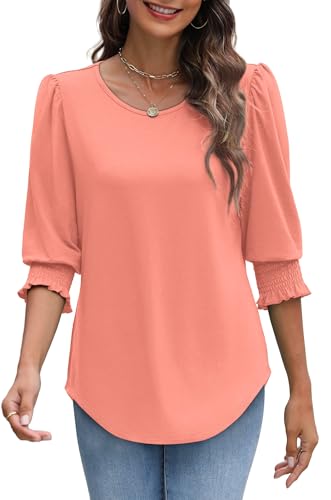 Image of XIEERDUO Blouses for Women Dressy Casual 3 /4 Length Sleeve Womens Tops with Smocked Cuffs