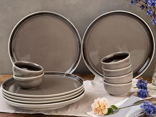 Image of Bodhi House Handcrafted Chip Resistant Porcelain Solid Dinner Set, 12 Pieces Dish Set Serving for 6, Microwave and Dishwasher Safe, Bone-Ash Free, Crockery Set for Dining and Gifting, Smoke Grey