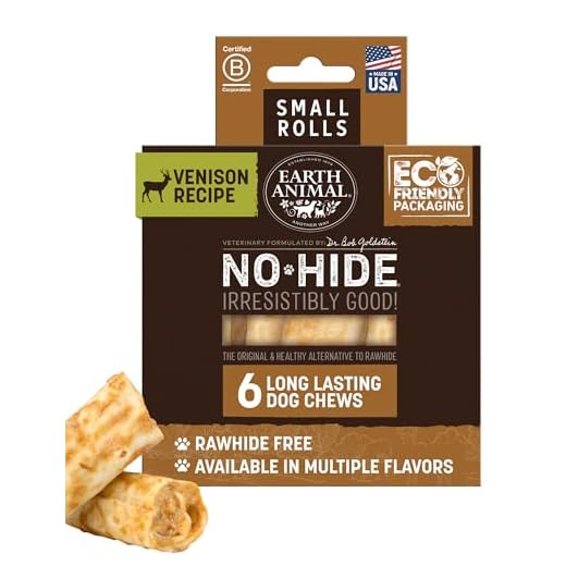 Earth Animal No Hide Chews - Long Lasting Rawhide Free Small Dog Chews Rolls, Venison - 6 Count