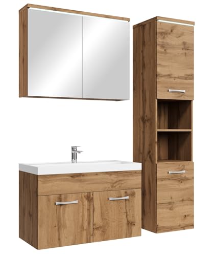 Badplaats Badmöbel Komplettset Paso LED 80 x 40 cm Eiche - Badezimmermöbel mit Waschbecken, Spiegelschrank und Badezimmerschrank