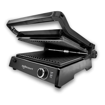Safecourt Kitchen – Kontaktgrill 4-in-1 – Sandwichmaker, Panini Grill, Tischgrill elektrisch & Toaster – XXL Grillfläche (4 Sandwiches/12 Burger) – Abnehmbare PFAS-freie Platten – 2000W