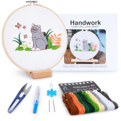 Image of Embroidery Kit for Adult Beginners, Cat Embroidery Kit with Step-by-Step Instructions and Video, Printed Cloth, 7.87 inch Hoop, Display Stand, Color Threads, Threader & Needles for Craft Lover(BED001)