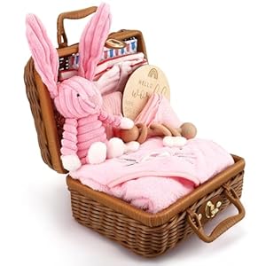 Windeltorte Baby Geschenkset Neutral - 9-teiliges Neugeborenen Set mit Rosa Hasen Plüschtier & Holz Rassel - Geburtsgeschenk in Bambus Box für Jungen Mädchen Baby Party