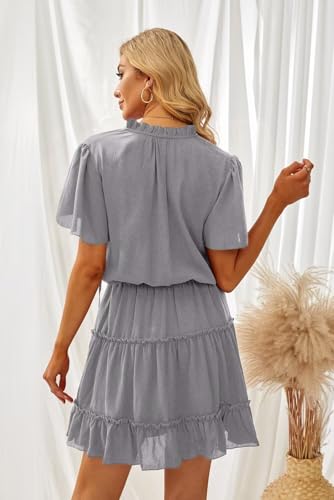 Image of Dokotoo Womens Spring Summer 2025 Short Sleeve Split V Neck Ruffle Chiffon Elegant Mini Short Skirt Dresses