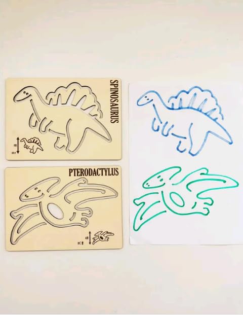 MeeCraft Montessori Dinosaurs Stencil Set with Box for Drawing and Artistic Expression, Wooden Toys for Preschoolers (9 Pieces, 21x15cm Each) 1