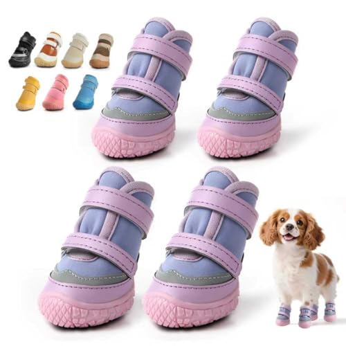 Dog Shoes for Small Dogs, Breathable Dog Boots Paw Protector for Hot Pavement Winter Snow, Dog Booties with Reflective Strips Rugged Anti-Slip Sole for Hardwood Floors Outdoor Walking Purple Size 1