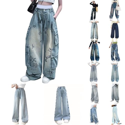 Girl's High Waisted Cargo Jeans Straight Wide Leg Stretch Baggy Jean Y2K Casual Loose Denim Pants Trousers 3-14 Years
