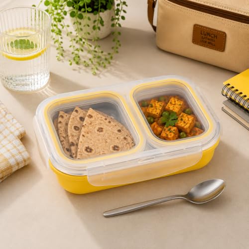 Image of Bento Lunch Box 550ml, Stainless Steel Lunch Box with 2 Compartments & Spoon, Microwave Safe BPA Free Tiffin Box, Leak Resistant Lunch Box for Kids & Adults, Office, School & Travel Yellow