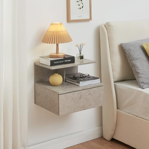 [en.casa] Nachttisch hängend Amberg Wandregal mit Schublade und 2 Ablageflächen 40 x 35 x 31 cm Nachtschrank Wandmontage Nachtkästchen Hängeregal...