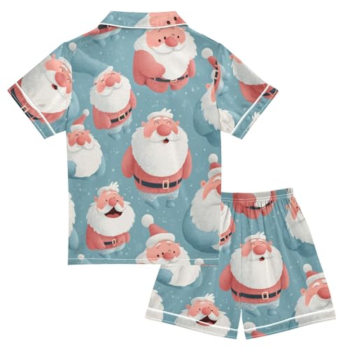 Satin Pajama Sets Short Sleeve Santa Claus Pattern Print Button Down Silky Nightwear 2 Piece PJS 5-14Y2