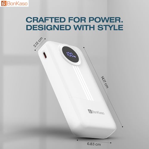 Image of BonKaso 10000mAh Power Bank 22.5W Fast Charging PD, Built-in 2-in-1 Type-C & Lightning Cable, Digital Display, Dual USB Output, Compact Portable Charger for iPhone, Android, Tablets - White