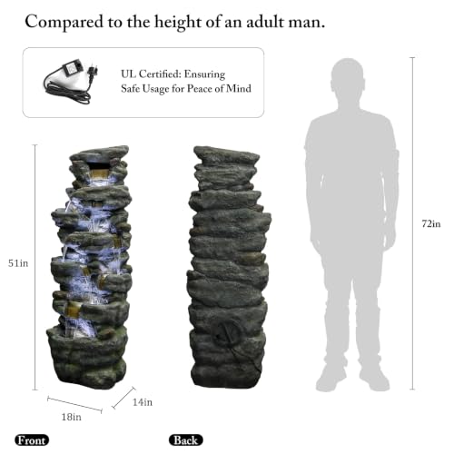 Image of SunJet 51 inch High Multi-Tiers Cascading Rock Outdoor Water Fountain with LED Lights - Large Outdoor Fountains and Waterfalls for Garden or Patio, Yard, and Deck Decor, Featuring Natural Stone Look