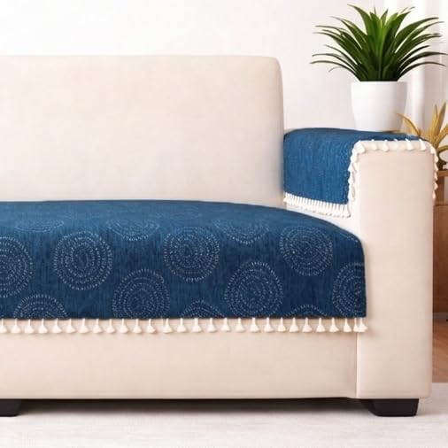 Image of STITCHNEST Woven Fabric Sofa Cover 1 Seater with 2 Hand Rest Covers - Washable Blue Sofa Cover with Tassels - Durable Premium Fabric - Stylish Sofa Protector for Living Room & Furniture Decor