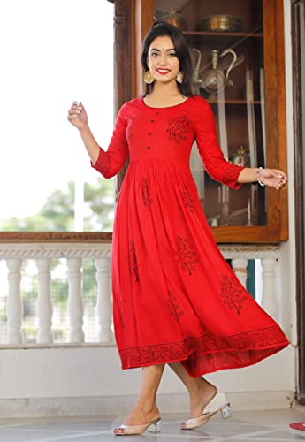 Image of TARANJAL Women's Rayon Anarkali Hand Block Printed Kurti