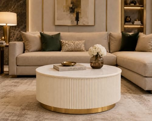 Image of Premium Luxury Marble-Top Wooden Center Table with Louvers & Acrylic Wooden Base | Premium Coffee Table for Living Room & Office (Cream)