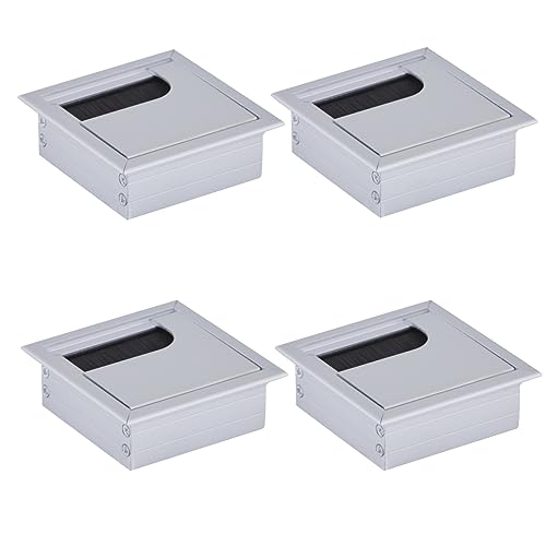 HOOZ 4X Kabeldurchführung Schreibtisch, 80mm Aluminium Kabeldurchlass mit Bürstendichtung, Kabeldurchführung Tisch für Tisch Büro Arbeitsplatten, Kabelkanal für Möbel und Schreibtisch (Quadratisch)