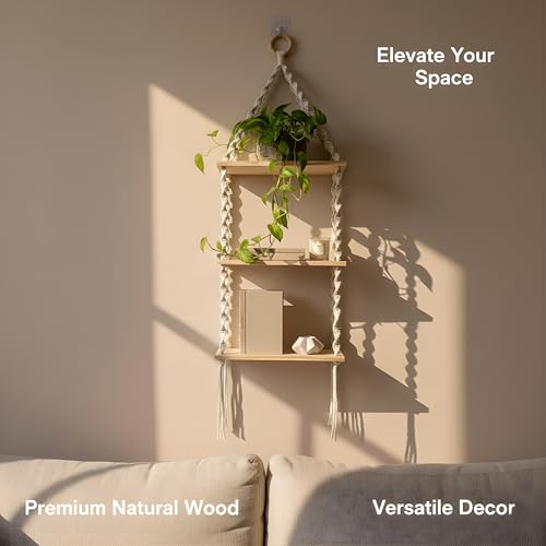 Image of 3-Tier Macrame Wall Hanging Shelf (Includes Mounting Hook) Boho Wooden Floating Shelves for Wall Decor - Handmade Cotton Rope Plant Hanger & Organizer for Living Room, Bedroom, Balcony
