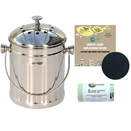 Mini Stainless Steel Kitchen Compost Caddy with 50 x 6L Compostable Bags & 1 pack of 2 x Filters - Metal Composting Bin for Food Waste Recycling