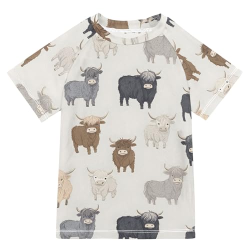 ALAZA Boys Rash Guard Swimming Shirt for Boys Short Sleeve Highland Cows Print UPF 50+ 5-6T