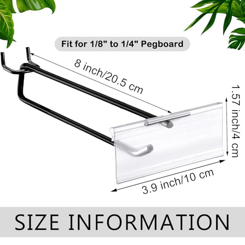 Tandefio 50 Pack 8 Inch Black Metal Peg Board Hooks with Clear Plastic Label Holder Stainless Steel Display Pegboard Hooks for 1/8'' to 1/4'' Pegboard Wall for Garage Storage Retail Shop Supplies