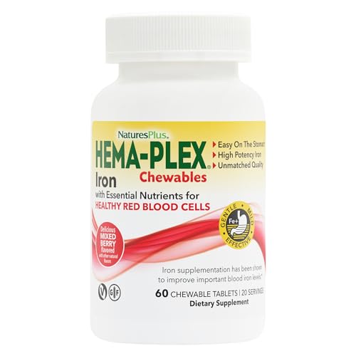 NaturesPlus Hema-Plex Iron - 60 Mixed Berry Chewables - 85 mg Elemental Iron - Total Blood Health - with Vitamin C & Bioflavonoids - Vegan Gluten Free - 20 Servings