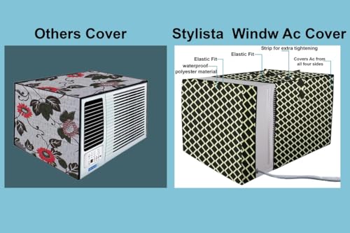 Image of Stylista Window ac Cover Suitable for O-General 1.1 Ton AMGB12FAWA, Check Coffee Color Elastic fit Cover for Front and Rear of Window Ac