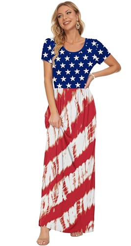 Image of AUSELILY Women's Classic Short Sleeve Loose Plain Casual Long Maxi Dresses | Year Round wear solid floral print, Casual wear, Empire waist, Floor-length, Side pockets, Short Sleeve