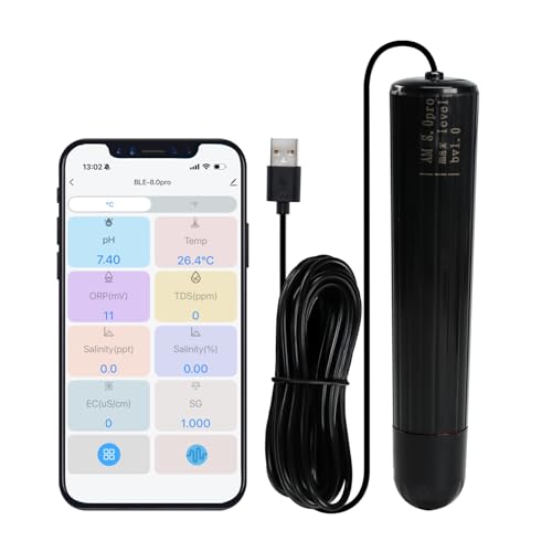 Water Quality Tester 7-in-1 WiFi Aquarium Probe Water Monitor for pH, Temp, TDS, Salinity, EC, ORP, S.G with Real-Time Alerts via App for Fish Tanks, Hydroponics, Pools